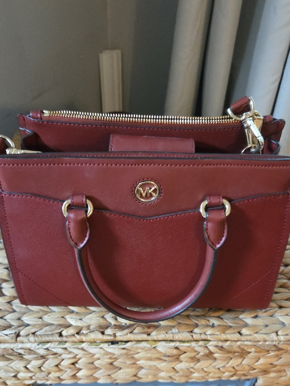 Michael Kors Burgundy Saffiano Leather Satchel with Gold Hardware